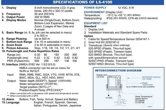 Furuno LS4100 Fishfinder Technical Specifications and Interconnect Diagram