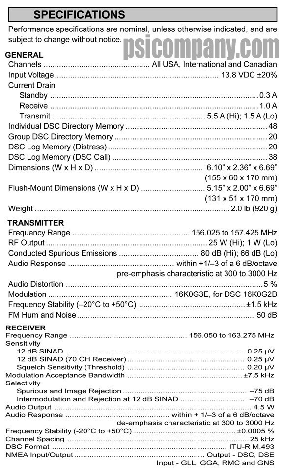 Standard Horizon GX1150 Eclipse DSC+ Marine VHF Technical Specifications